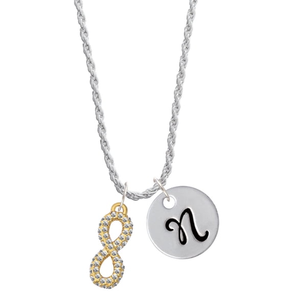 Delight Jewelry Goldtone Crystal Infinity Sign Silvertone Script Initial Disc - N - Charm Necklace, 20"+3"
