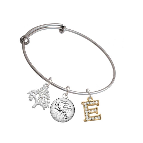Delight Jewelry Goldtone Crystal Initial - E - Silvertone Let Things Go Tree Charm Bangle Bracelet