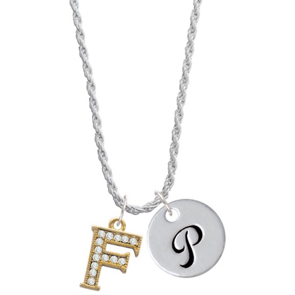 Delight Jewelry Goldtone Crystal Initial - F - Silvertone Script Initial Disc - P - Charm Necklace, 20"+3"