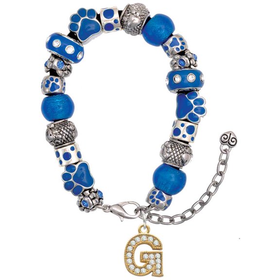 Delight Jewelry Goldtone Crystal Initial - G - Blue Paw Print Bead Bracelet, 7"+2"