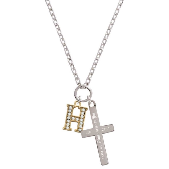 Delight Jewelry Goldtone Crystal Initial - H - I Have Plans for You Engraved Cross Zoey Necklace, 28"