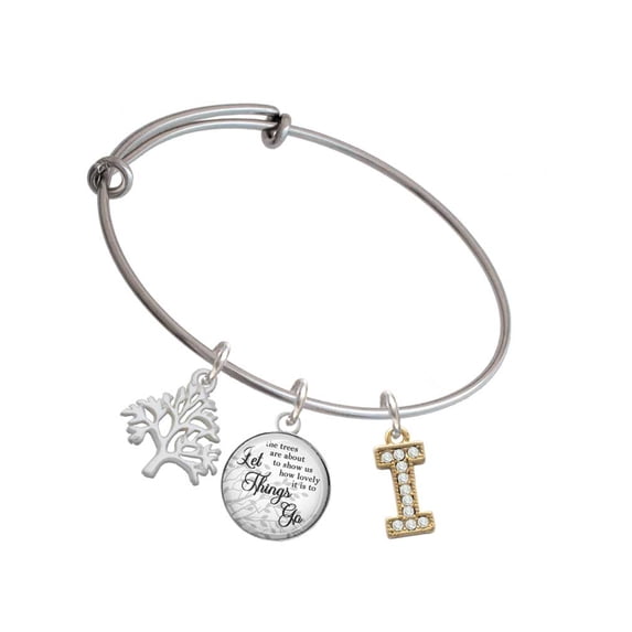 Delight Jewelry Goldtone Crystal Initial - I - Silvertone Let Things Go Tree Charm Bangle Bracelet