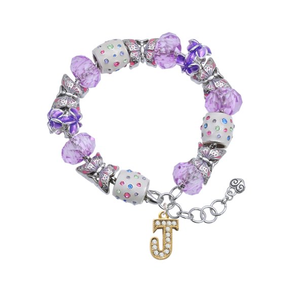 Delight Jewelry Goldtone Crystal Initial - J - Purple Butterfly Bead Charm Bracelet, 7"+1" Extender