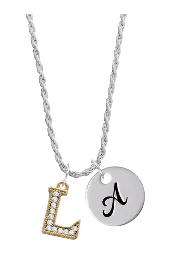 Goldtone Crystal Initial - L - Silvertone Script Initial Disc - A - Charm Necklace, 20"+3"