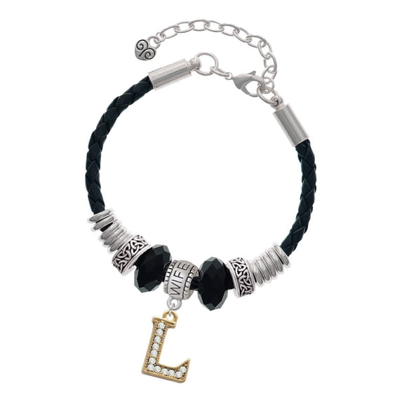 Delight Jewelry Goldtone Crystal Initial - L - Wife Celtic Knot Leather Bead Bracelet, 7"+2" Extender