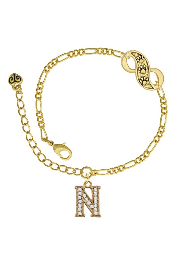 Goldtone Crystal Initial - N - Gold-tone Paw Infinity Link Chain Bracelet, 6"+2" Extender