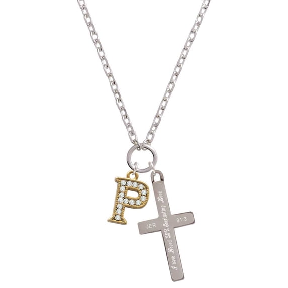 Delight Jewelry Goldtone Crystal Initial - P - Everlasting Love Engraved Cross Zoey Necklace, 28"
