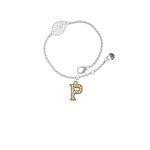 Delight Jewelry Goldtone Crystal Initial - P - - Silvertone Leaf Delicate Bracelet, 6.25+1.75"