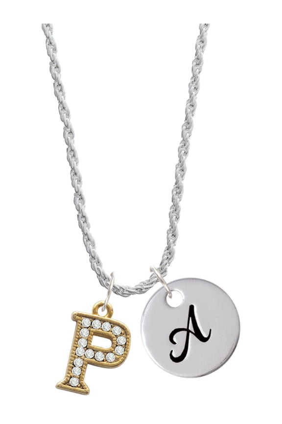 Goldtone Crystal Initial - P - Silvertone Script Initial Disc - A - Charm Necklace, 20"+3"