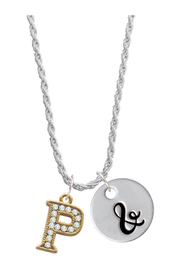 Goldtone Crystal Initial - P - Silvertone Script Initial Disc - & - Charm Necklace, 20"+3"