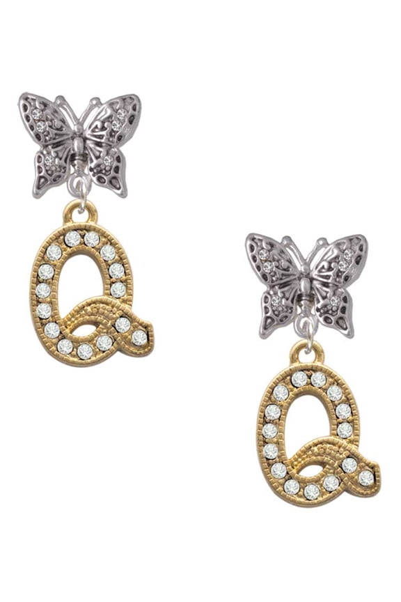 Goldtone Crystal Initial - Q - Silvertone Antiqued Butterfly Post Earrings