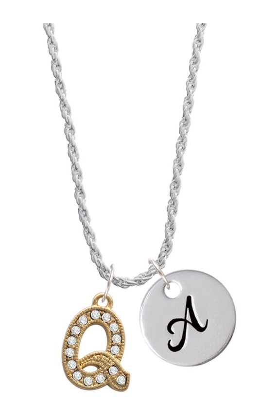 Goldtone Crystal Initial - Q - Silvertone Script Initial Disc - A - Charm Necklace, 20"+3"