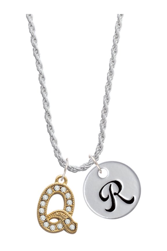 Goldtone Crystal Initial - Q - Silvertone Script Initial Disc - R - Charm Necklace, 20"+3"