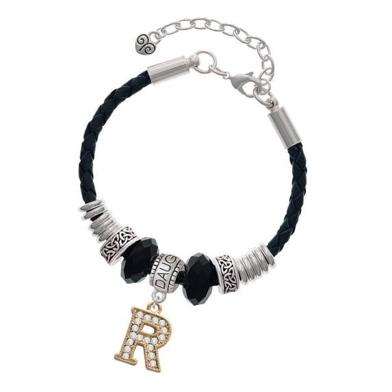 Delight Jewelry Goldtone Crystal Initial - R - Daughter Celtic Knot Leather Bead Bracelet, 7"+2" Extender