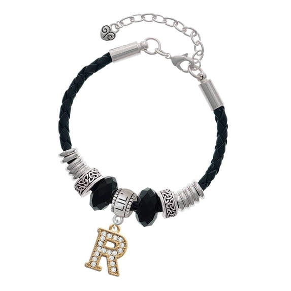 Delight Jewelry Goldtone Crystal Initial - R - Lil Sister Celtic Knot Leather Bead Bracelet, 7"+2" Extender