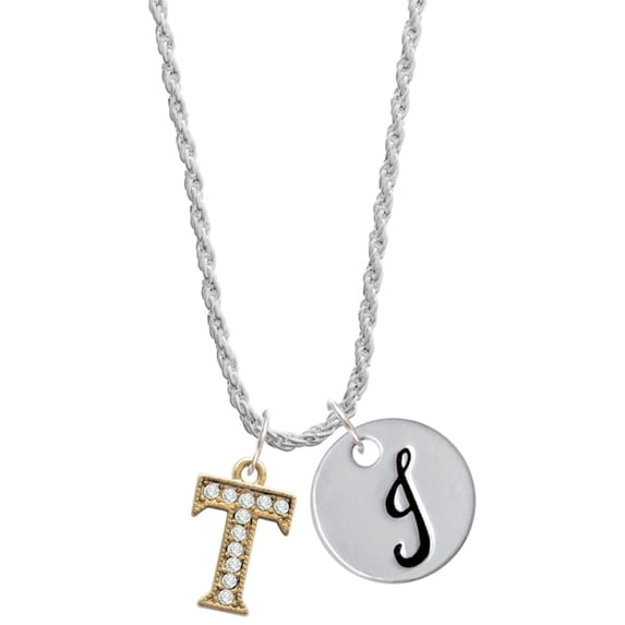 Delight Jewelry Goldtone Crystal Initial - T - Silvertone Script Initial Disc - J - Charm Necklace, 20"+3"