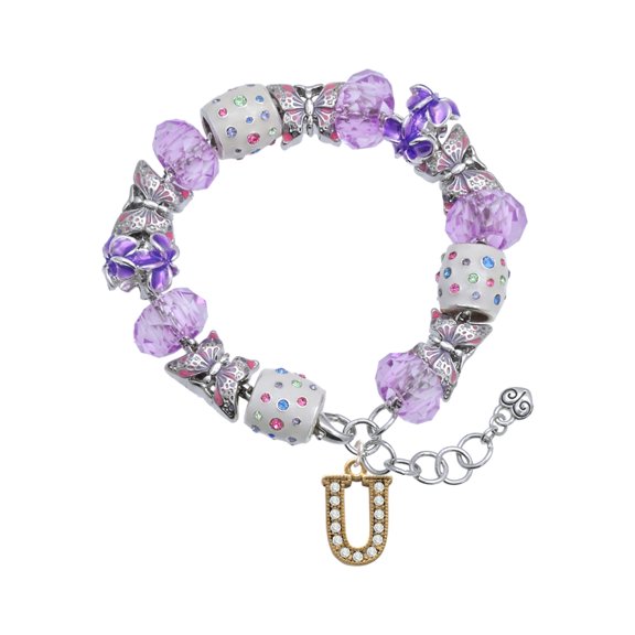 Delight Jewelry Goldtone Crystal Initial - U - Purple Butterfly Bead Charm Bracelet, 7"+1" Extender