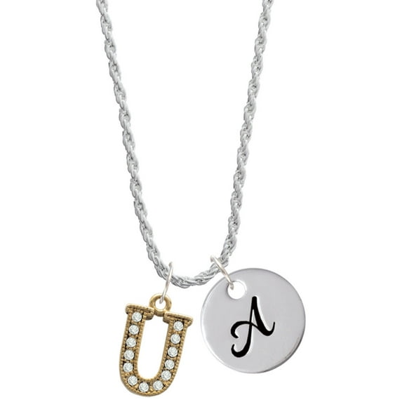 Delight Jewelry Goldtone Crystal Initial - U - Silvertone Script Initial Disc - A - Charm Necklace, 20"+3"