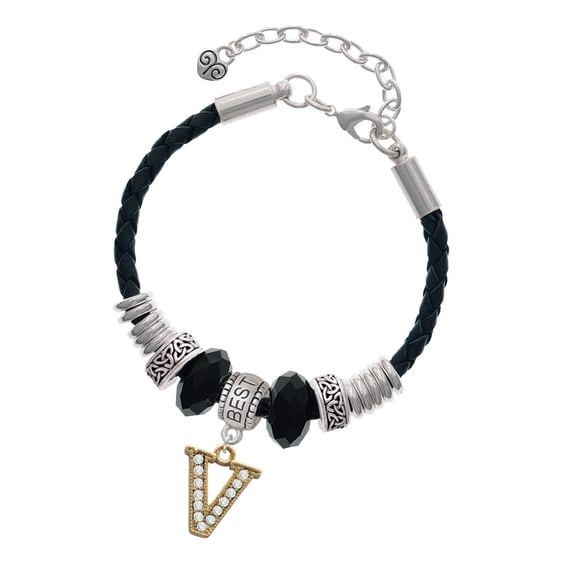 Delight Jewelry Goldtone Crystal Initial - V - Best Friend Celtic Knot Leather Bead Bracelet, 7"+2" Extender