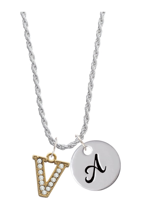 Goldtone Crystal Initial - V - Silvertone Script Initial Disc - A - Charm Necklace, 20"+3"