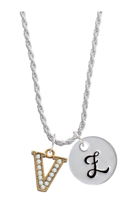Goldtone Crystal Initial - V - Silvertone Script Initial Disc - Z - Charm Necklace, 20"+3"