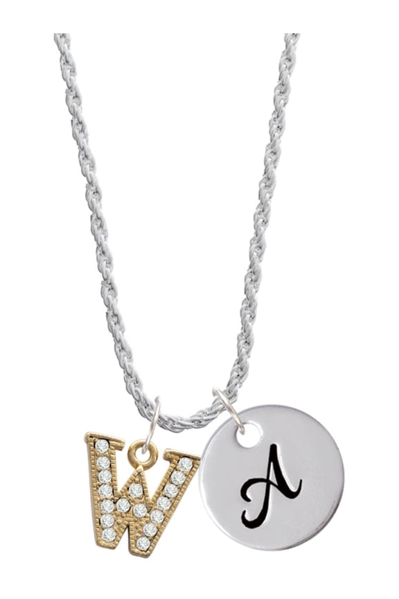 Goldtone Crystal Initial - W - Silvertone Script Initial Disc - A - Charm Necklace, 20"+3"