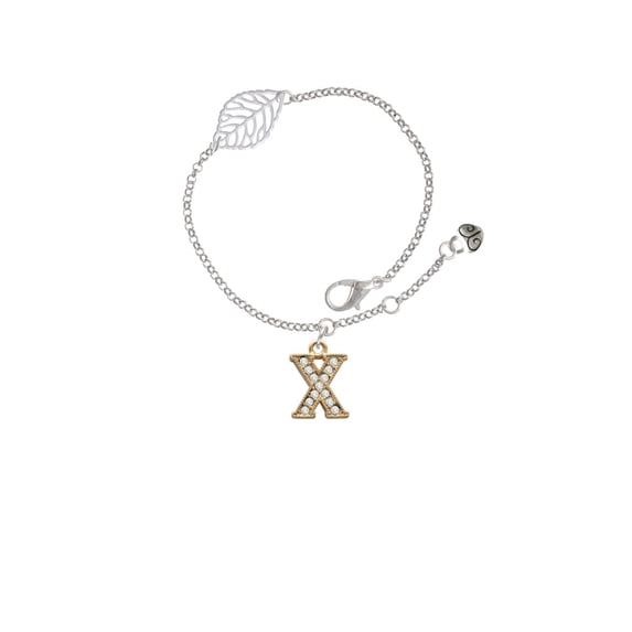 Delight Jewelry Goldtone Crystal Initial - X - - Silvertone Leaf Delicate Bracelet, 6.25+1.75"