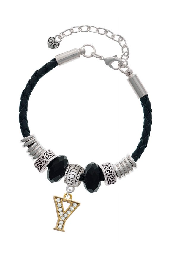 Goldtone Crystal Initial - Y - Mother Celtic Knot Leather Bead Bracelet, 7"+2" Extender