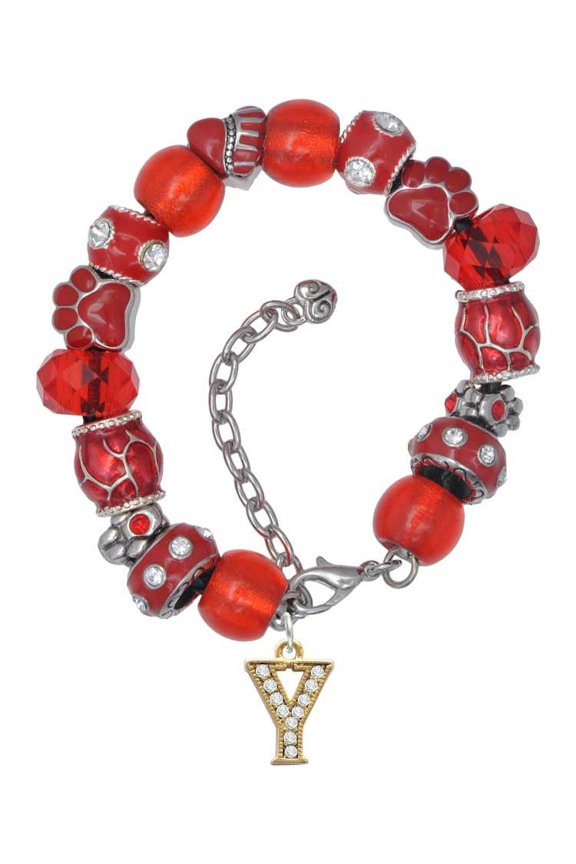 Goldtone Crystal Initial - Y - Red Paw Print Bead Bracelet, 7"+2"