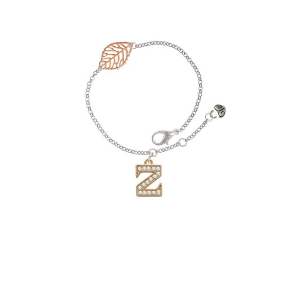 Delight Jewelry Goldtone Crystal Initial - Z - - Rose Goldtone Leaf Delicate Bracelet, 6.25+1.75"