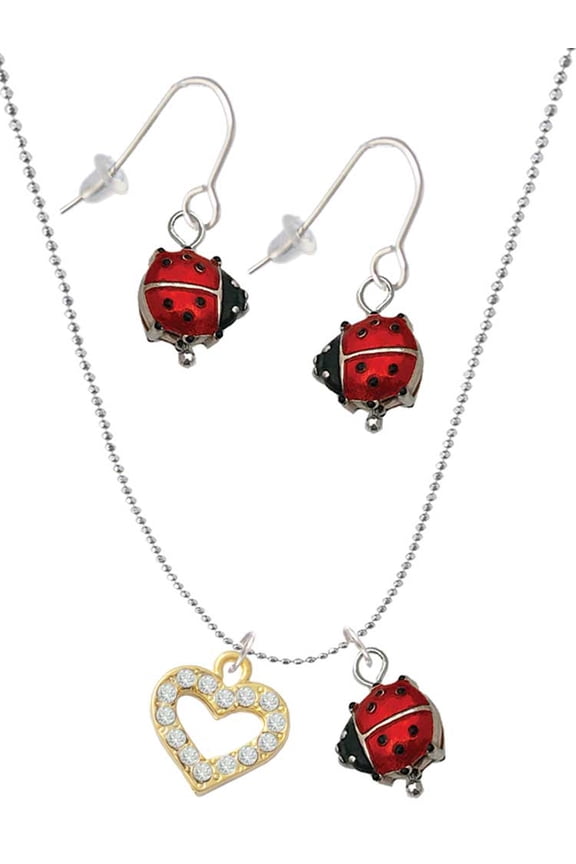 Goldtone Crystal Open Heart Red Lucky Ladybug Necklace and Dangle Earrings Set