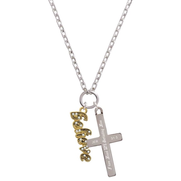 Delight Jewelry Goldtone Crystal Script ''Believe'' Everlasting Love Engraved Cross Zoey Necklace, 28"