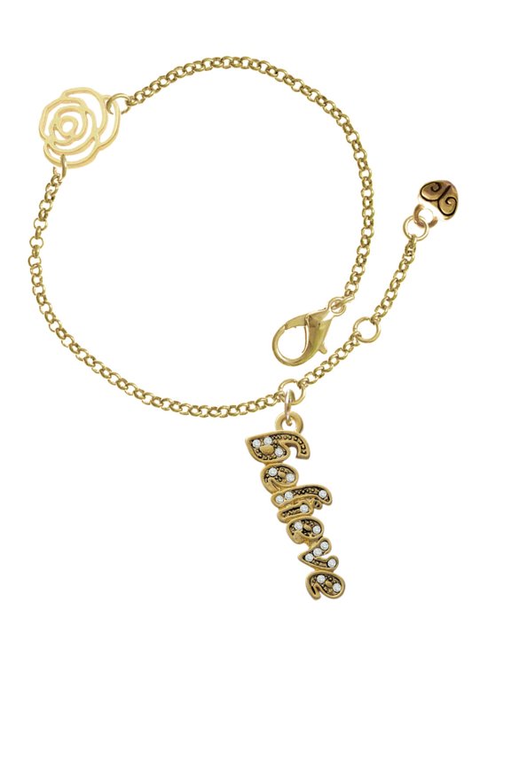 Goldtone Crystal Script ''Believe'' Gold-tone Rose Link Chain Bracelet, 6.25"+1.75" Extender
