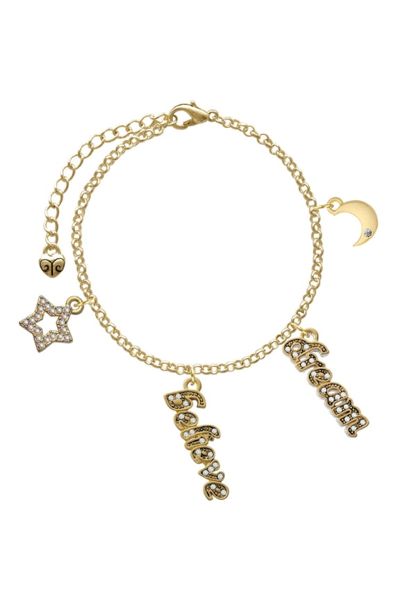 Goldtone Crystal Script ''Believe'' Goldtone Dream Big Charm Bracelet, 7.5+2" Extender