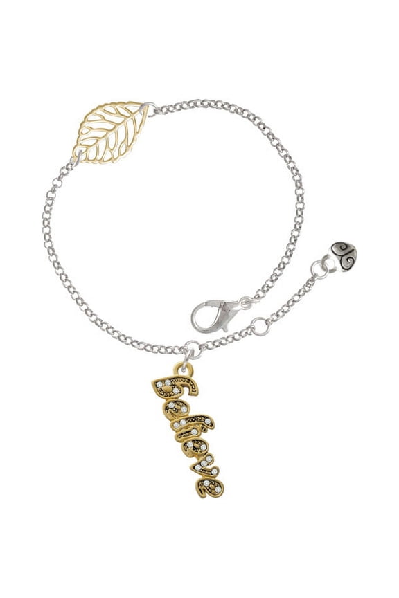 Goldtone Crystal Script ''Believe'' - Goldtone Leaf Delicate Bracelet, 6.25+1.75"