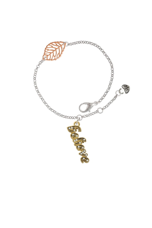 Goldtone Crystal Script ''Believe'' - Rose Goldtone Leaf Delicate Bracelet, 6.25+1.75"