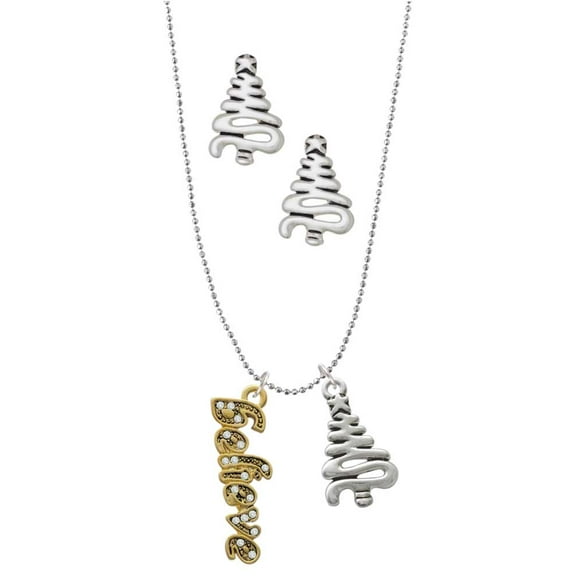 Delight Jewelry Goldtone Crystal Script ''Believe'' Silver tone Zig Zag Christmas Tree Charm Necklace and Stud Earrings