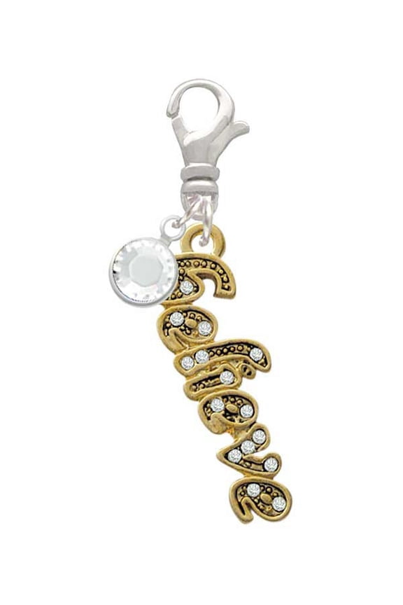 Goldtone Crystal Script ''Believe'' - Silvertone Clip on Charm with Clear Crystal Drop