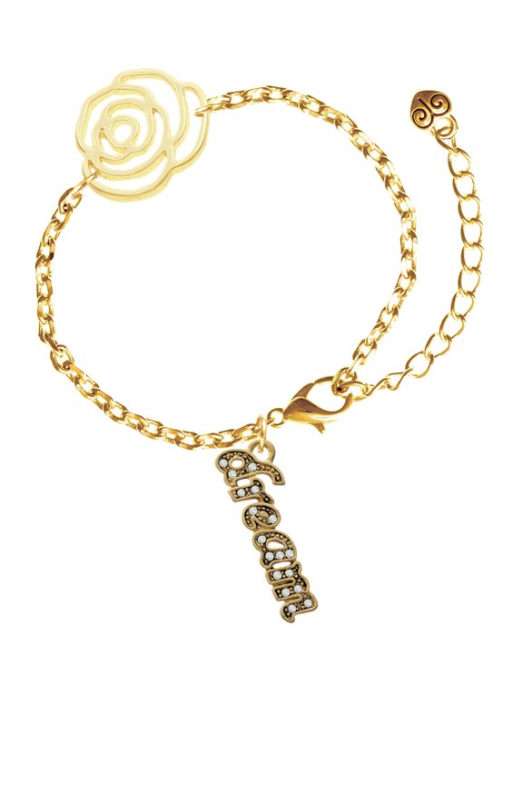 Goldtone Crystal Script ''Dream'' Gold-tone Flower Link Chain Bracelet, 6.75"+2" Extender