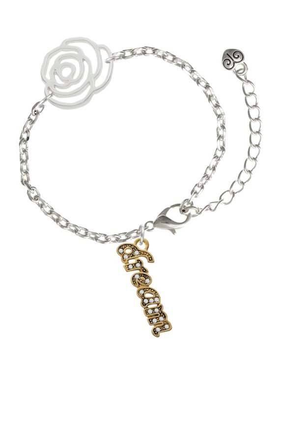 Goldtone Crystal Script ''Dream'' Silver-tone Flower Link Chain Bracelet, 6.75"+2" Extender