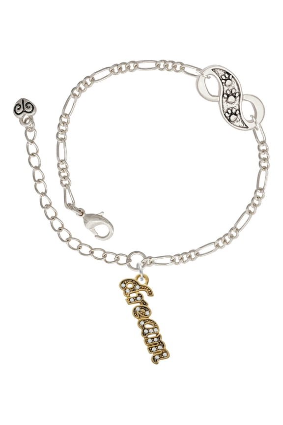 Goldtone Crystal Script ''Dream'' Silver-tone Paw Infinity Link Chain Bracelet, 6"+2" Extender