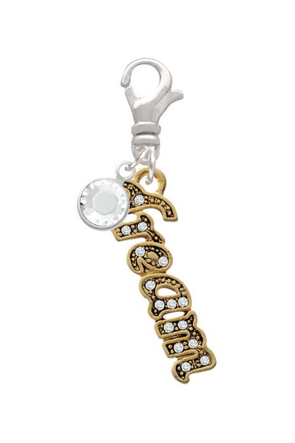 Goldtone Crystal Script ''Dream'' - Silvertone Clip on Charm with Clear Crystal Drop