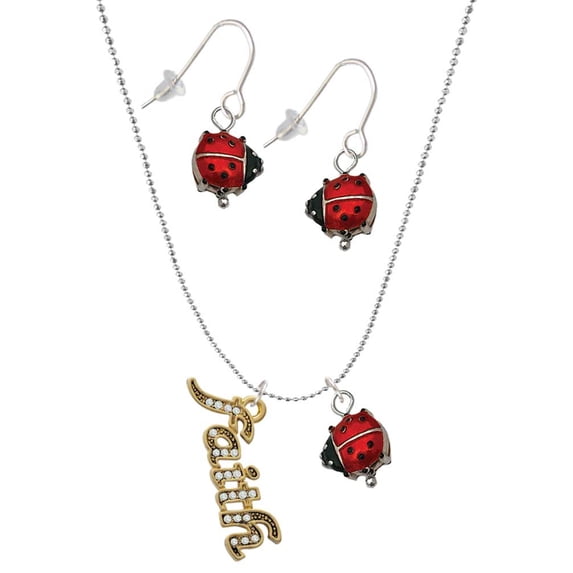 Delight Jewelry Goldtone Crystal Script ''Faith'' Red Lucky Ladybug Necklace and Dangle Earrings Set