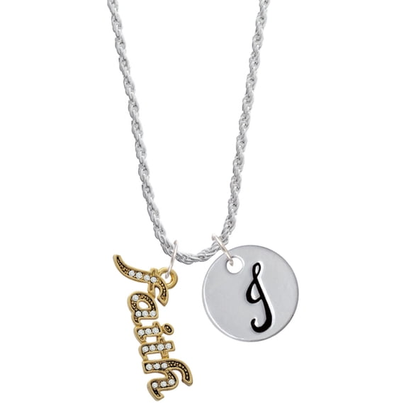 Delight Jewelry Goldtone Crystal Script ''Faith'' Silvertone Script Initial Disc - J - Charm Necklace, 20"+3"