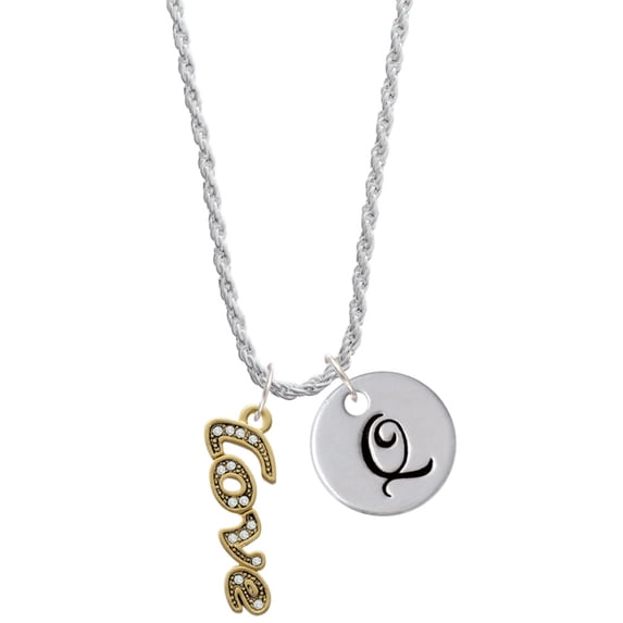 Delight Jewelry Goldtone Crystal Script ''Love'' Silvertone Script Initial Disc - Q - Charm Necklace, 20"+3"