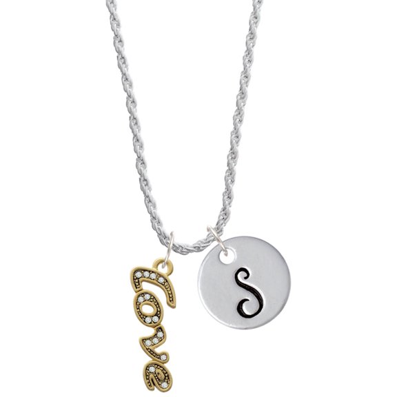 Delight Jewelry Goldtone Crystal Script ''Love'' Silvertone Script Initial Disc - S - Charm Necklace, 20"+3"