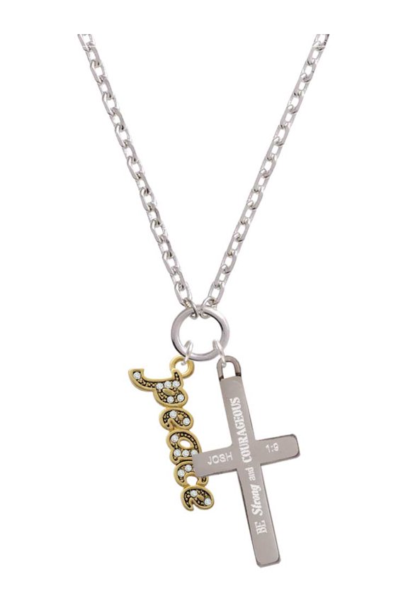 Goldtone Crystal Script ''Peace'' Be Strong and Courageous Engraved Cross Zoey Necklace, 28"