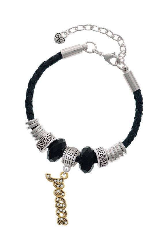 Goldtone Crystal Script ''Peace'' Best Friend Celtic Knot Leather Bead Bracelet, 7"+2" Extender