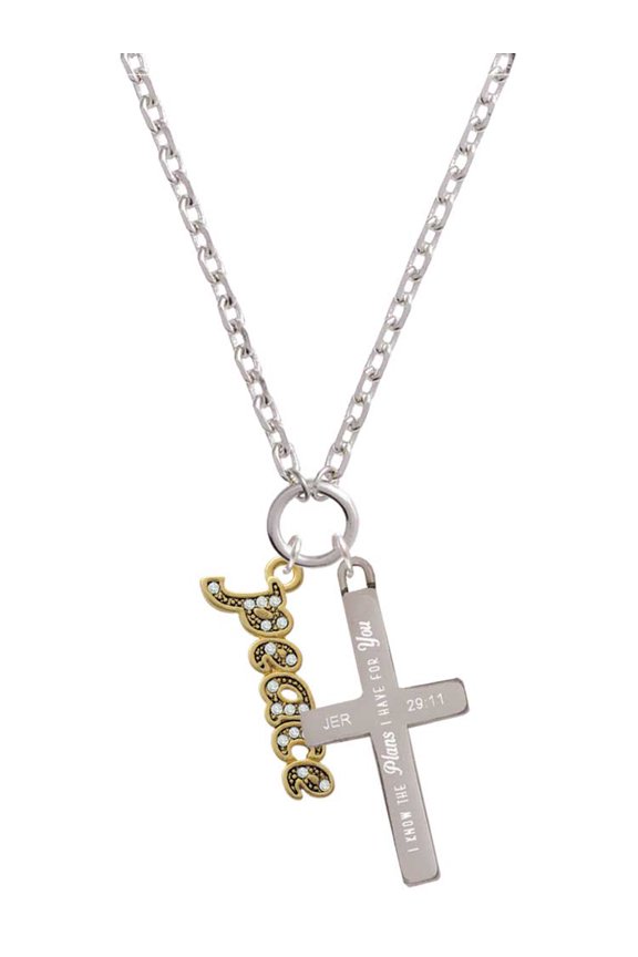 Goldtone Crystal Script ''Peace'' I Have Plans for You Engraved Cross Zoey Necklace, 28"