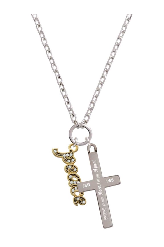 Goldtone Crystal Script ''Peace'' I Set You Apart Engraved Cross Zoey Necklace, 28"